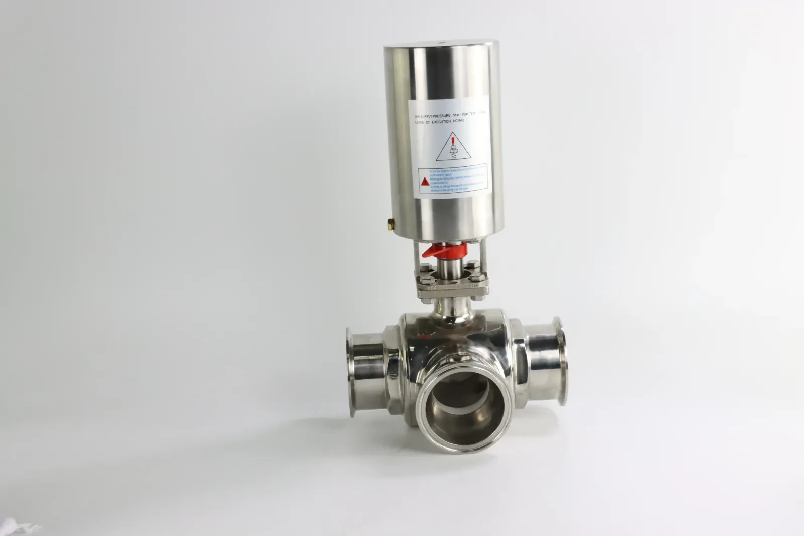 Food Chemical Three-Way Vertical Sanitary Three-Clamp Pneumatic Ball Valve — 2/6