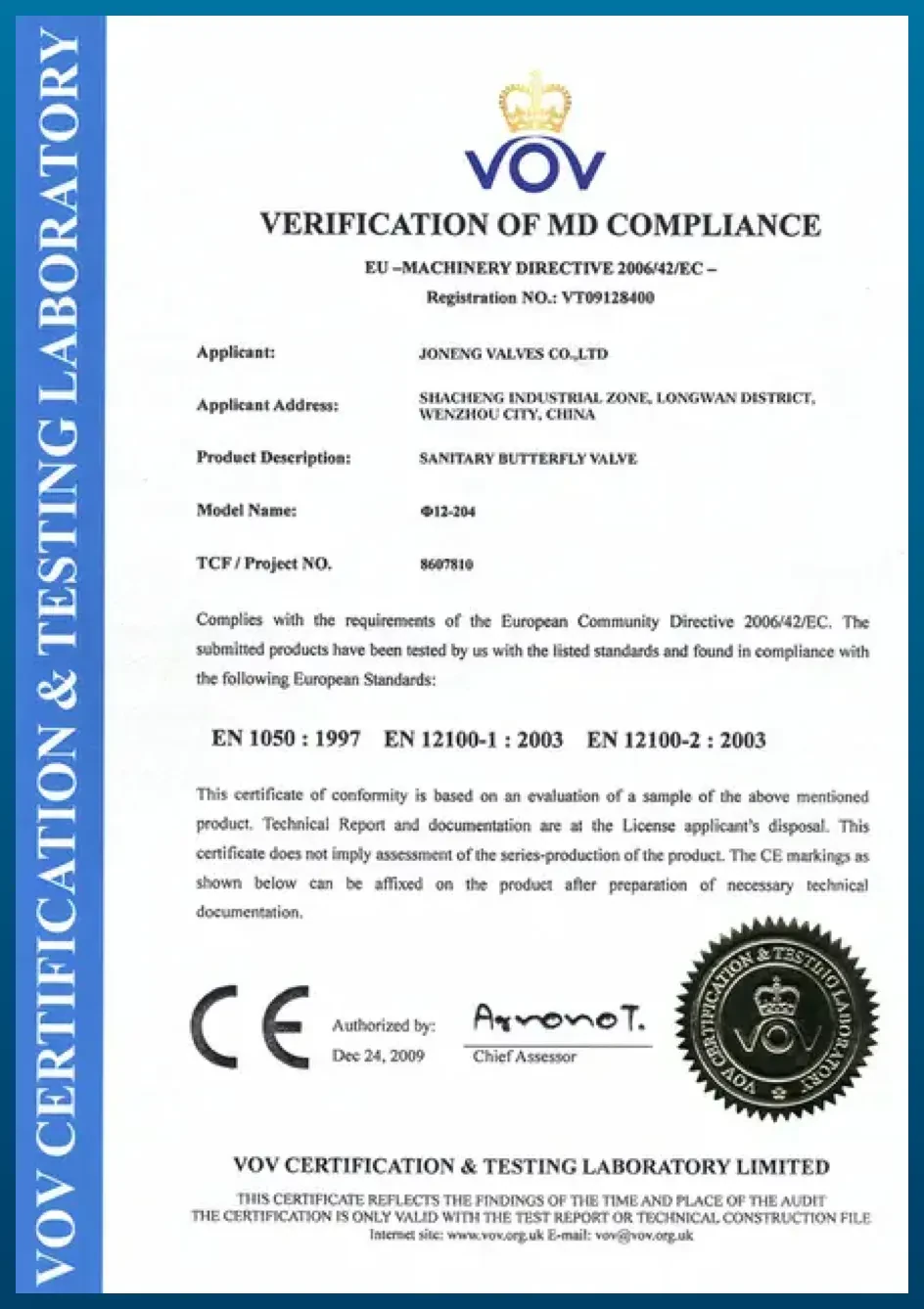 Scan of Joneng’s VOV verification of Machinery Directive compliance 2