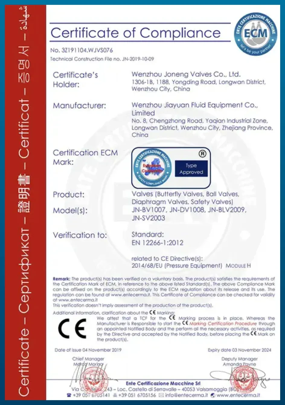 Scan of Joneng’s CE certificate of compliance