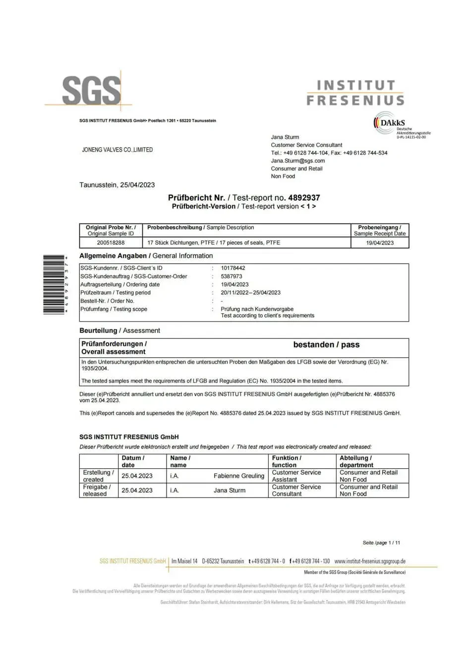 SGS Institut Fresenius test report on the PTFE seals used in Joneng valves