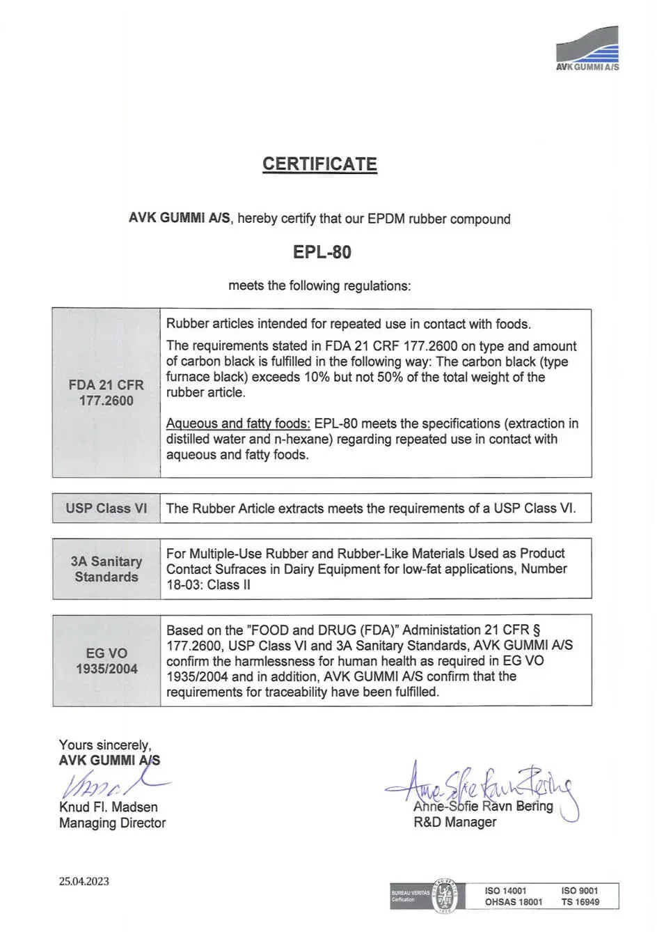 Certificate from AVK Gummi for the EPDM compound EPL-80 used in Joneng valve seats