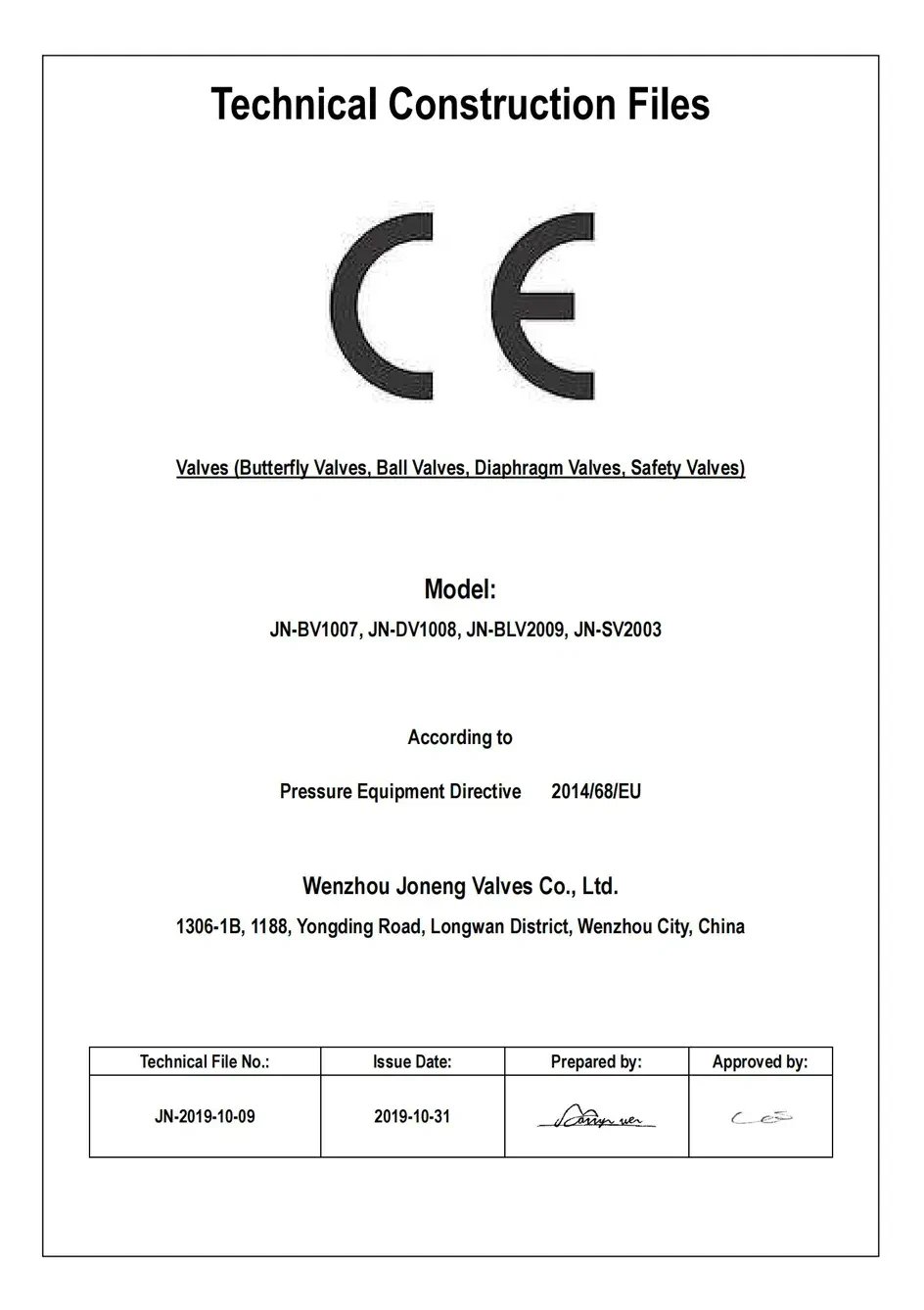 Cover of Joneng’s CE technical construction file under the Pressure Equipment Directive 2014/68/EU