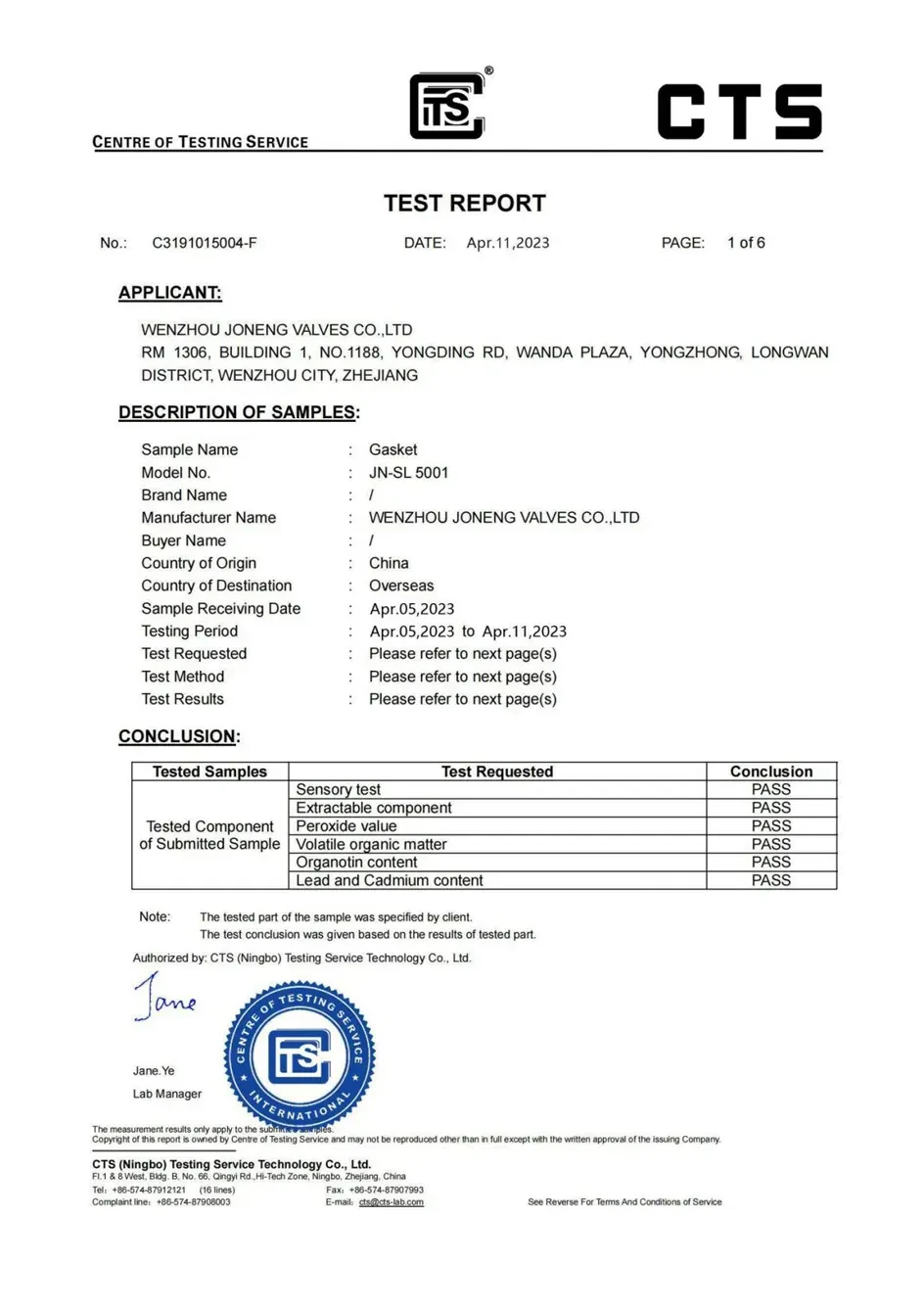 CTS laboratory test report on the JN-SL-S001 gasket used in Joneng valves