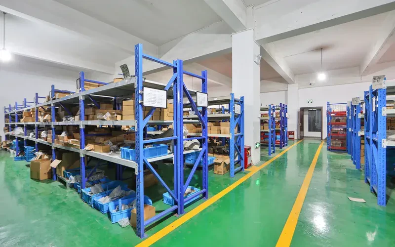 Stocked shelves of fittings and valves in Joneng’s warehouse