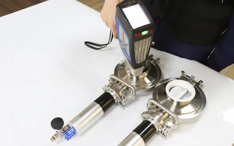 Alloy checked with a handheld spectrometer on a butterfly valve at Joneng